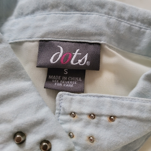 Dots Sheer Body Light Denim Cloth Studded Collar Accent Blouse Size S - Picture 9 of 11